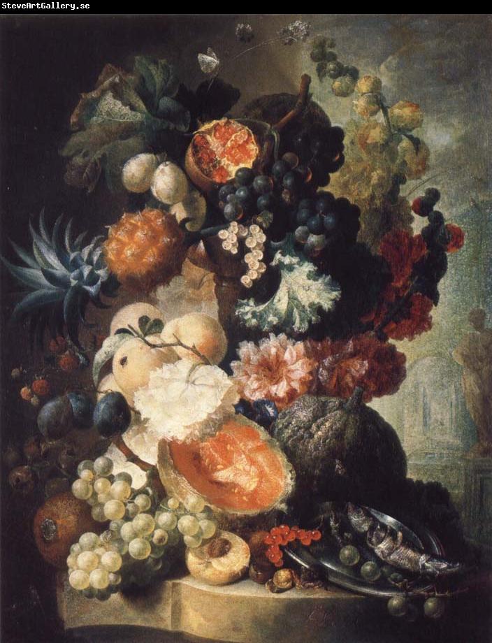 Jan van Os Fruit,Flwers and a Fish